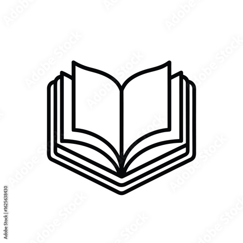 A simple black and white line art icon of an open book with multiple pages fanned out.