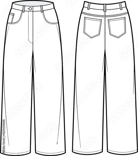 Flat sketch of high waist wide leg pants, front and back view, women’s fashion template, vector apparel drawing, trouser design