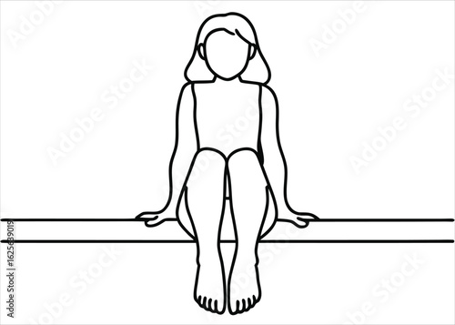 Artistic depiction of a young female figure gracefully seated with her lower limbs casually suspended in a flowing unbroken artistic line style