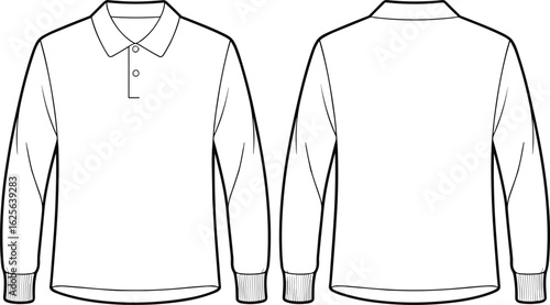 Long sleeve polo shirt technical flat sketch front and back, fashion design template, ribbed cuff casual top apparel drawing
