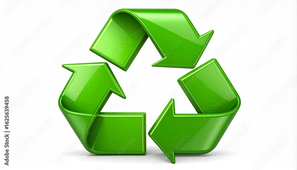 A shiny green 3D recycling symbol representing sustainability and environmental protection on a white background A shiny green 3D recycling symbol representing sustainability and environmental protection on a white background