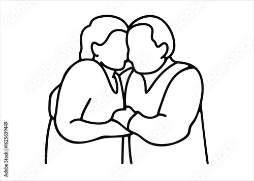 Artistic continuous line drawing depicting a loving elderly couple embracing tenderly with a focus on their connection isolated on white background
