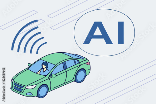 Illustration of a self driving car with artificial intelligence technology driving on the road of the future