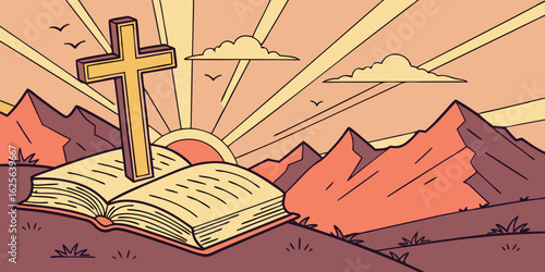 Illustration of a cross and open bible with mountains in the background at sunrise representing faith