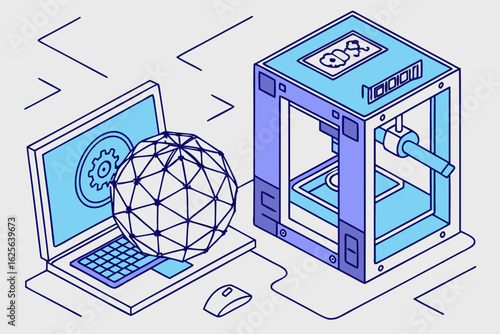 Illustration of a three dimensional printer with a laptop displaying a geometric sphere representing the design process