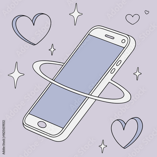Illustration of a modern smartphone surrounded by hearts and stars on a light purple background perfect for social media
