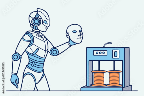 Vector art of a futuristic robot holding a human face created by a 3d printer depicting the advancements in technology and artificial intelligence