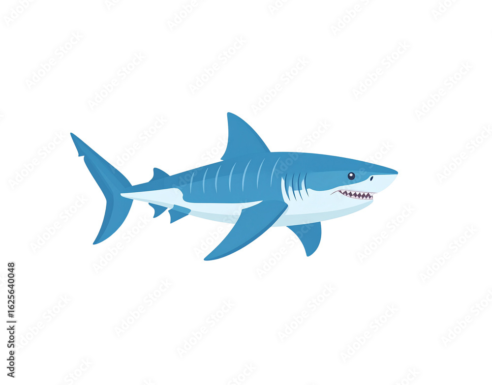 Obraz premium Stylized blue shark illustration with a white underbelly sharp teeth and prominent gill slits.
