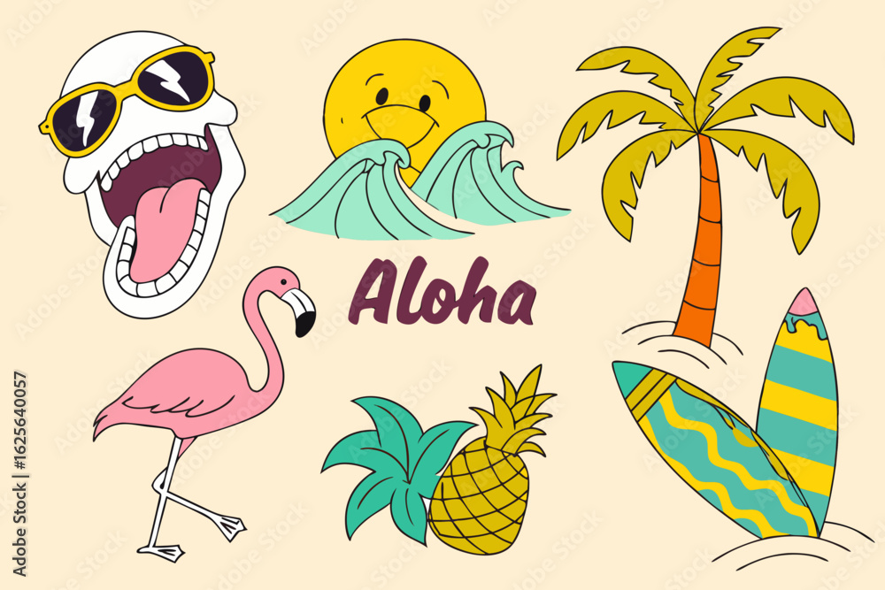 Fototapeta premium Vector art of colorful vector illustration featuring tropical summer vacation elements like flamingo pineapple and surfboard ideal for beach themed designs