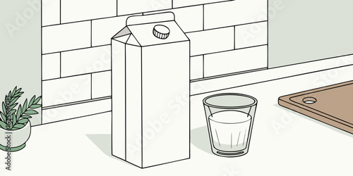 Vector art of minimalist illustration of a milk carton and a glass of water on a kitchen counter with a plant
