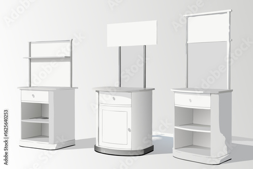 Vector art of three different types of white promotional stands are displayed against a white background in this vector illustration