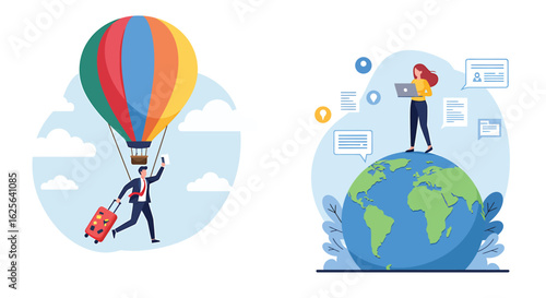 A man travels by hot air balloon with luggage, while a woman works globally on a laptop atop the Earth, symbolizing modern connectivity and remote work.