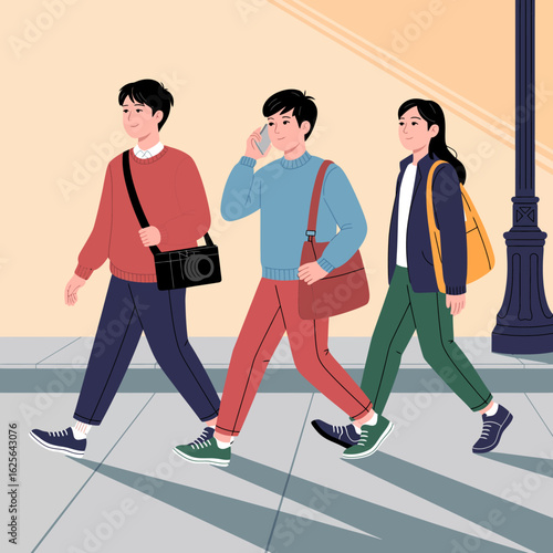 A group of three teenagers strolls on a city street, embodying friendship and youthful energy as they engage with their surroundings and each other.