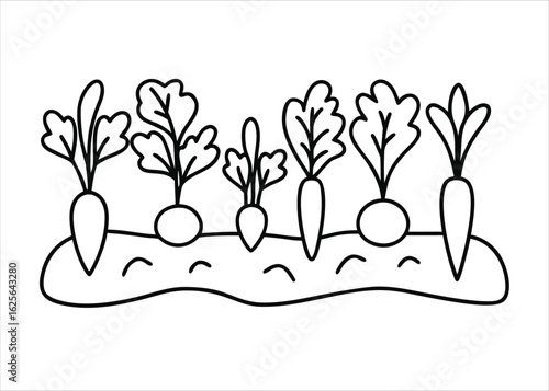 Elegant continuous line art illustration featuring a variety of fresh garden vegetables and leafy green plants