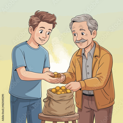 This heartwarming image shows a young boy happily handing coins to his grandfather, symbolizing generosity, family bonds, and the joy of sharing wealth and knowledge.