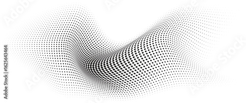 Flowing Wave Dot Halftone Pattern: Curve Gradient Shape on Transparent Background. Suitable for AI, Tech, Network, Digital, Science, and Technology Themes.