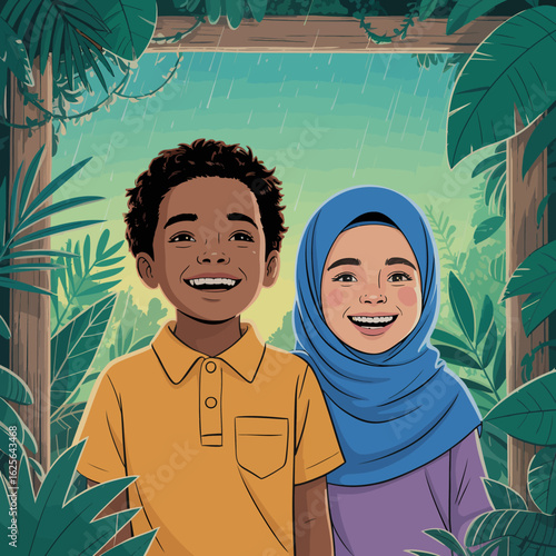 Two happy children smile widely amidst a lush, green rainforest background, showcasing their friendship and joy in a captivating natural environment, perfect for storytelling.