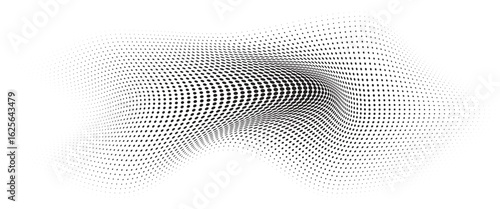 Flowing Wave Dot Halftone Pattern: Curve Gradient Shape on Transparent Background. Suitable for AI, Tech, Network, Digital, Science, and Technology Themes.