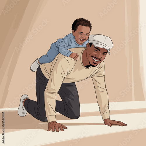 A happy father is playing with his baby on his back in a playful and affectionate manner, showcasing love and family bonding in a warm indoor environment.