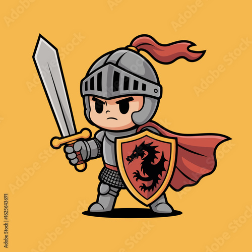 A small knight character stands confidently, holding a sword and a shield marked with a dragon, in a colorful, cartoonish style that appeals to all ages.