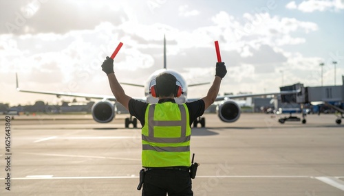 An airport ground marshaller with signal wands guides a large passenger airplane on the tarmac for departure.