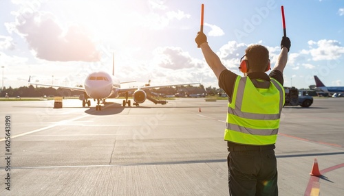 Airport ground marshaller in a reflective vest guiding a passenger airplane on the tarmac with signal wands under a bright sun.