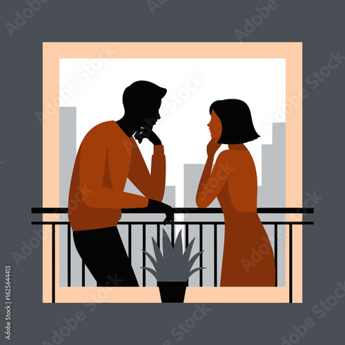 A couple leans into each other while talking on their modern balcony, highlighting intimacy and connection in a bright and contemporary urban environment.