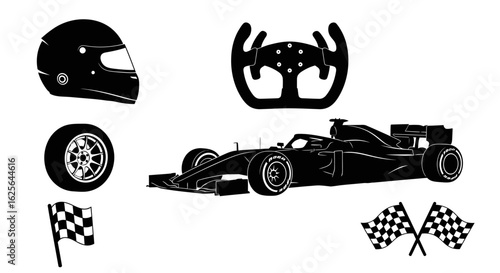 Motorsport racing icon set with formula car silhouette, helmet, steering wheel, tire, and checkered flags. Vector collection for automotive sport design.
