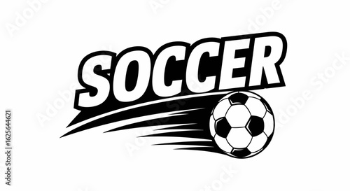 Monochrome soccer sport emblem with a dynamic speeding ball. Vector graphic logo for a team or competition.