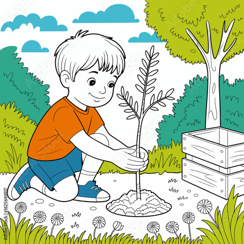 This delightful image shows a young child happily planting a sapling in a lush green setting, symbolizing hope for the future and the nurturing aspect of caring for nature.