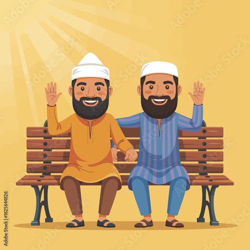 This lively image depicts two friends seated on a bench, holding hands and sharing smiles, symbolizing closeness and friendship in a joyful setting filled with color.