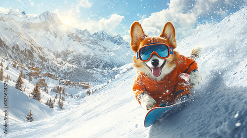 Corgi joyfully snowboarding on a mountain slope during a sunny winter day