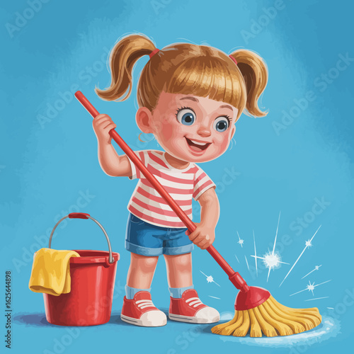 This image shows a cute girl joyfully cleaning with a mop, displaying her enthusiasm and cheerful spirit while engaging in household chores.
