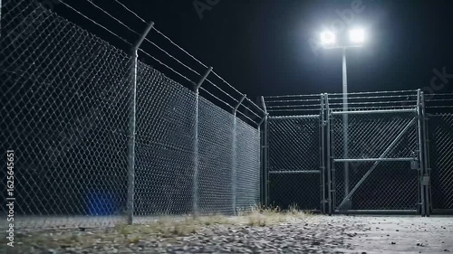 Nighttime view of a fenced area with bright lights illuminating the surroundings, creating a stark atmosphere