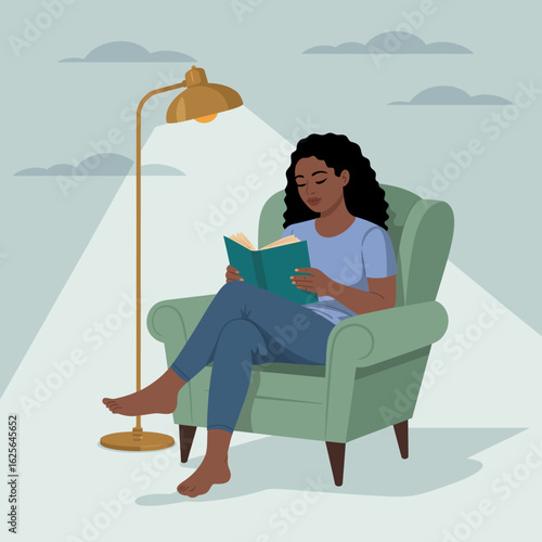 A serene scene of a young woman seated in a cozy armchair with a book, softly illuminated by a lamp, representing tranquility and the joy of reading at home.