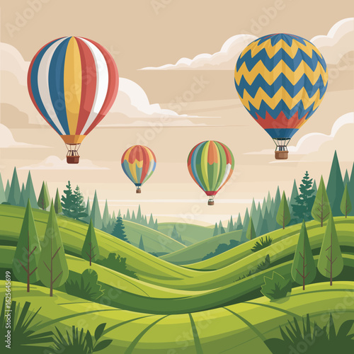 A picturesque landscape featuring hot air balloons in varied colors floating gracefully over verdant hills, evoking a sense of freedom and adventure in the open sky.