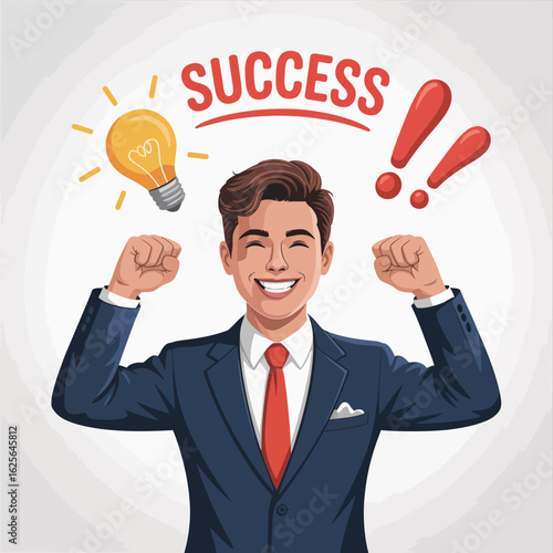 A young businessman in a suit joyfully celebrates success with a bright idea represented by a glowing light bulb and exclamation marks illustrating achievement and motivation.
