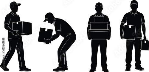 Box lifting pose vector set, black silhouette icons, walking and carrying figure, warehouse delivery graphic, logistics action illustration