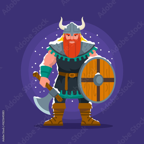 This graphic art portrays a mighty Viking warrior wielding his axe and shield, emphasizing themes of strength and valor typical in Norse heroic tales and legends.