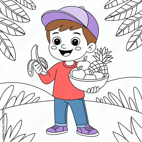 A young boy is happily holding a banana in one hand and a bowl of various fruits in the other, set against a background of lush greenery, representing vitality and health.