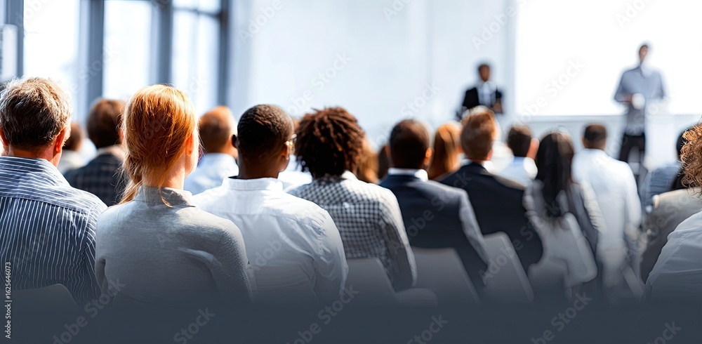 Obraz premium Large group of people attending a business seminar in a bright conference room