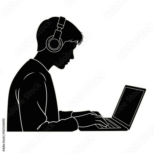 Silhouette of a person wearing headphones and actively typing on a laptop computer.