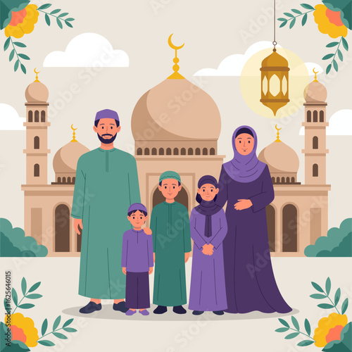 A loving family captures a memorable moment in front of a majestic mosque, embodying cultural values, spirituality, and the essence of familial togetherness among loved ones.