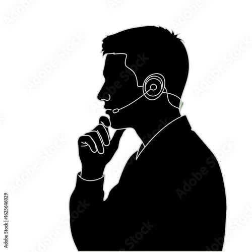 Thoughtful businessman wearing headset, profile view, contemplating solution.