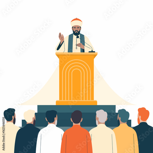 A religious figure passionately communicates to a diverse group, underlining the importance of unity and shared values, captured in a striking and engaging presentation format.