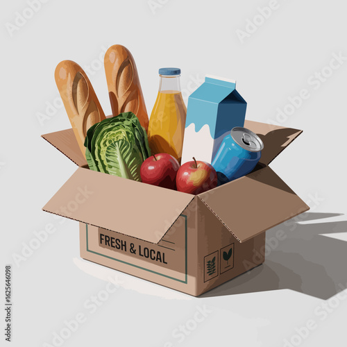 An artistic depiction of a grocery box containing fresh produce, symbolizing nutrition and the importance of locally sourced food in promoting healthy eating practices.