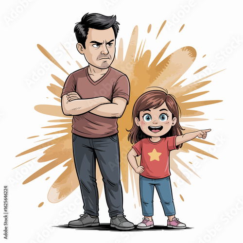 This cartoon image captures a man with an annoyed expression standing alongside a cheerful girl, emphasizing the contrasting emotions of frustration and joy in a playful manner.