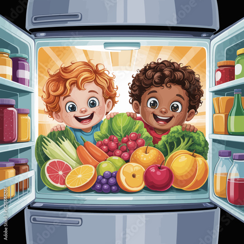 Cheerful children are excitedly peering into a refrigerator filled with a bountiful display of colorful fruits and vegetables, highlighting the joy of healthy choices.
