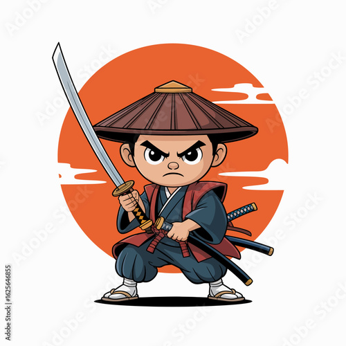 This chibi samurai stands poised for action, holding a sword with determination, conveying both the spirit of a warrior and a touch of playful charm in its design.
