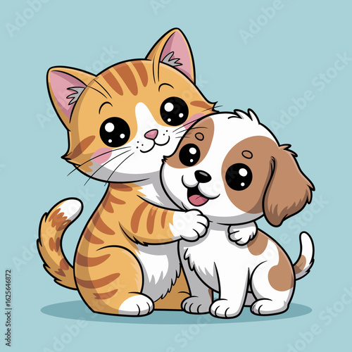 A heartwarming cartoon depiction of a cat hugging a puppy, showcasing their bond filled with affection, playfulness, and warmth against a soft blue backdrop.